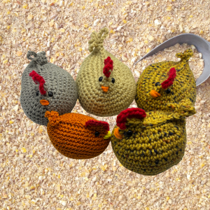 A group of crochet chickens